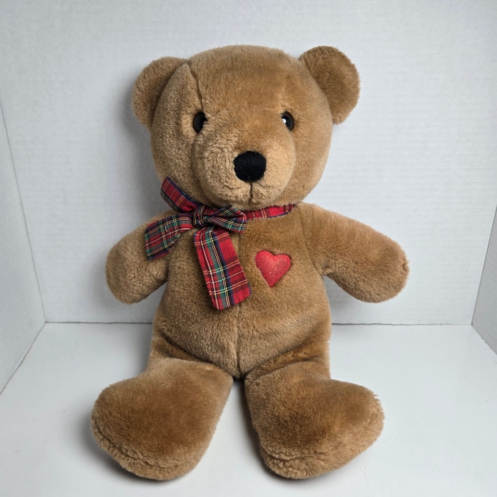 Vintage Dakin Bear Plush Tartan Bow & Heart Patch Baby Things Teddy 1983 14"